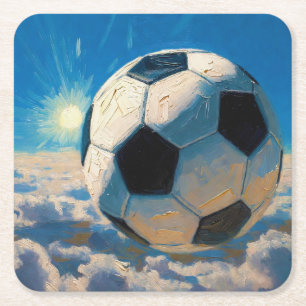 Flying Soccer Ball Artwork (Oil Painting No. 5) Square Paper Coaster