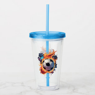 Flying soccer ball with flames. acrylic tumbler