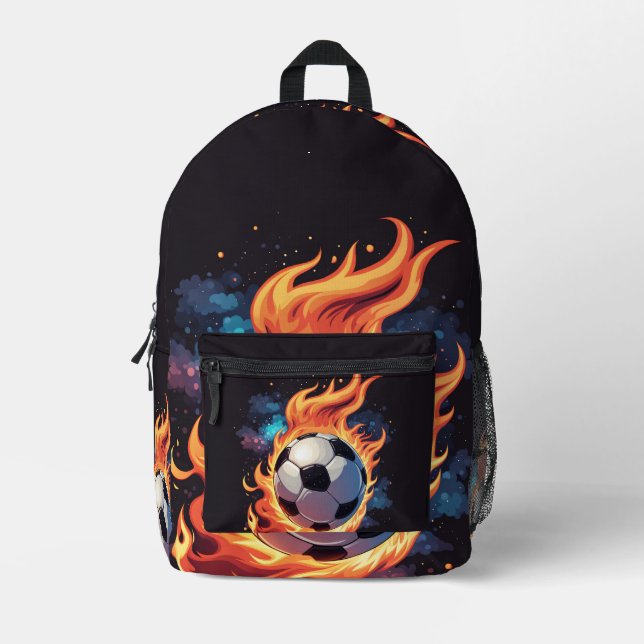 Flying soccer ball with flames.  printed backpack (Front)