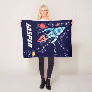 Flying space rocket blue planets and stars fleece blanket