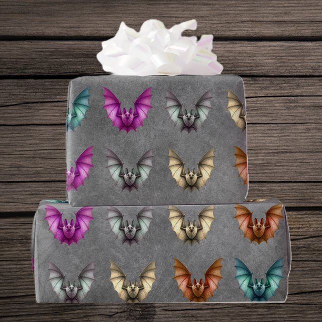 Flying Spooky Bats Various Colours Grunge Grey Wrapping Paper (Flying Halloween spooky bats various colours on grunge grey roll of gift wrapping paper.)