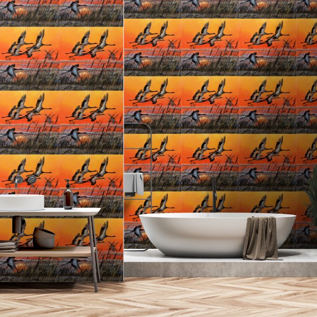 Flying Sunset Birds Wallpaper (Bathroom)