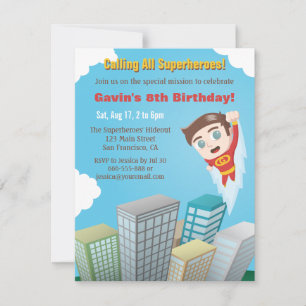 Flying Superhero Boy Birthday Party Invitations