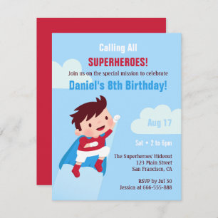 Flying Superhero Boy Kids Birthday Party Invitation