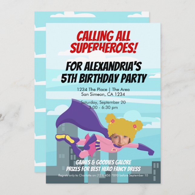 Flying Superhero Comic Birthday Party (Girl) Invitation (Front/Back)