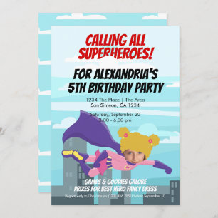 Flying Superhero Comic Birthday Party (Girl) Invitation