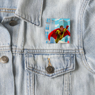 Flying Superhero Comic Style Red and Yellow Hero 15 Cm Square Badge