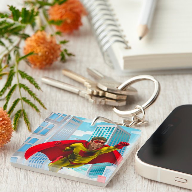 Flying Superhero Comic Style Red and Yellow Hero  Key Ring (Creator Uploaded)