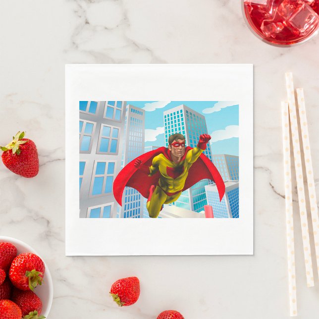 Flying Superhero Comic Style Red and Yellow Hero  Napkin (Creator Uploaded)