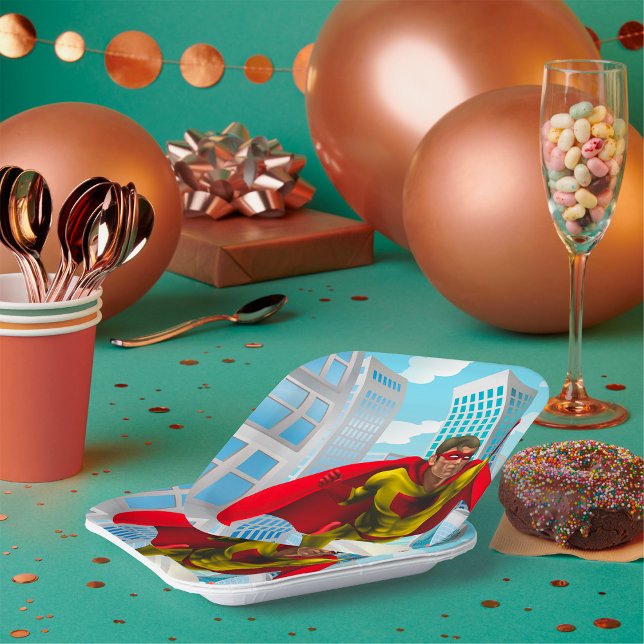 Flying Superhero Comic Style Red and Yellow Hero  Paper Plate (Creator Uploaded)