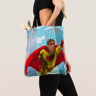 Flying Superhero Comic Style Red and Yellow Hero Tote Bag