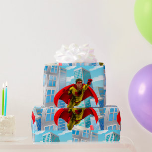 Flying Superhero Comic Style Red and Yellow Hero Wrapping Paper