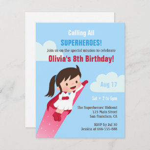 Flying Superhero Girl Kids Birthday Party Invitation