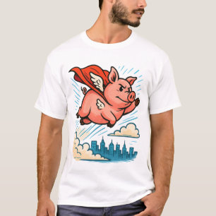 Flying Superhero Pig Cartoon T-Shirt