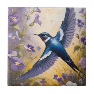 Flying Swallow Field of Violet Flowers Ceramic Tile