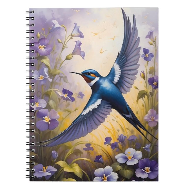 Flying Swallow Field of Violet Flowers Notebook (Front)