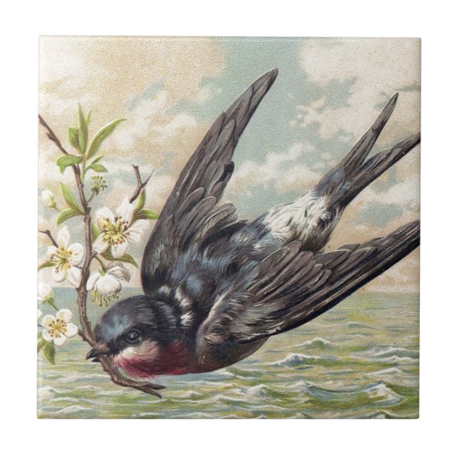 Flying swallow with flower twig ceramic tile (Front)