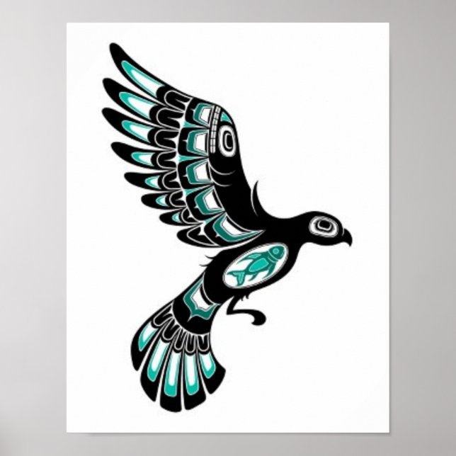 Flying Teal Blue and Black Haida Spirit Bird Poster (Front)