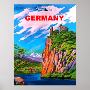 Flying to Germany, Castle on Rhine river, vintage Poster