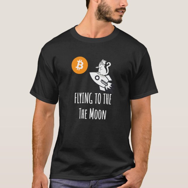 Flying to the Moon Bitcoin Coin Cat T-Shirt (Front)