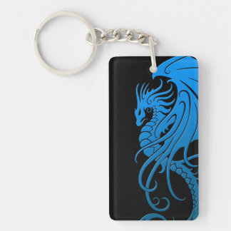 Flying Tribal Dragon - blue on black Key Ring