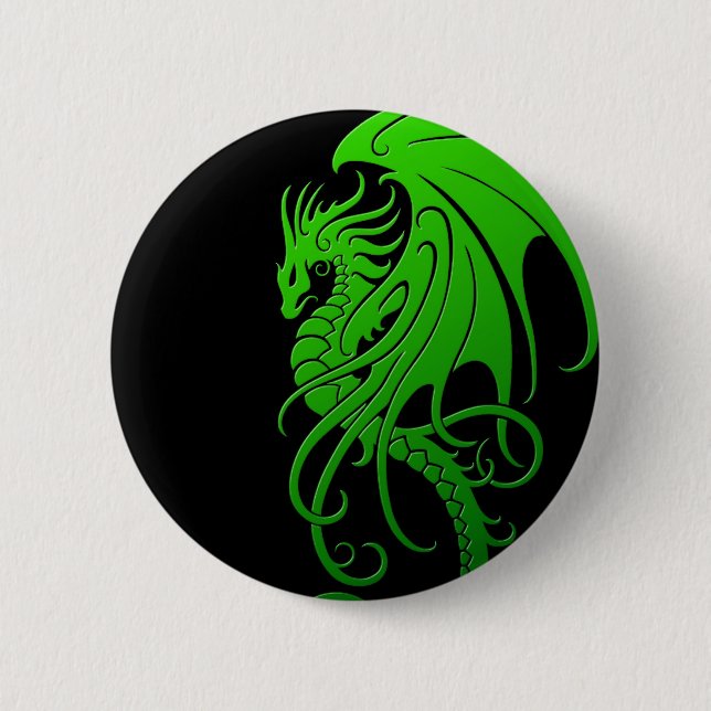 Flying Tribal Dragon - green on black 6 Cm Round Badge (Front)