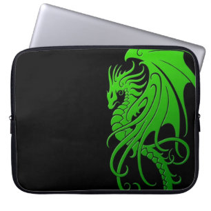 Flying Tribal Dragon - green on black Laptop Sleeve