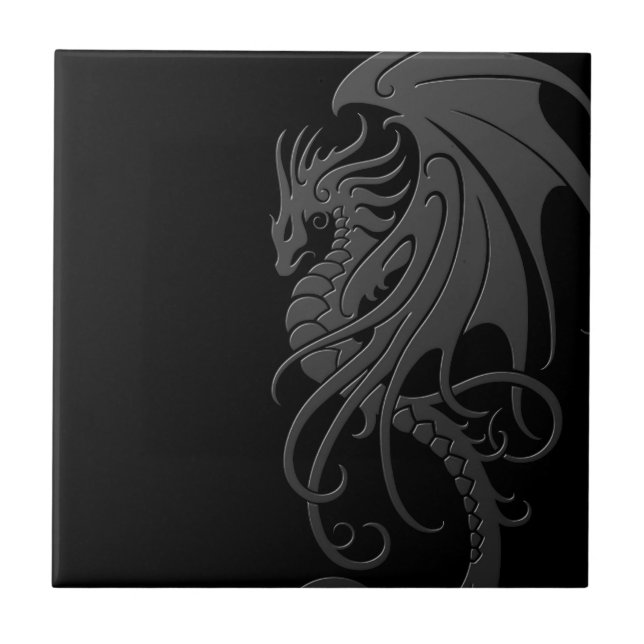 Flying Tribal Dragon - grey on black Ceramic Tile (Front)