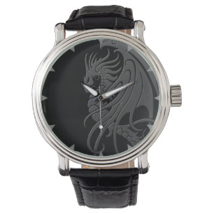 Flying Tribal Dragon - grey on black Watch