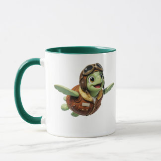 Flying Turtle Cute Aviator Character Green Accent Mug