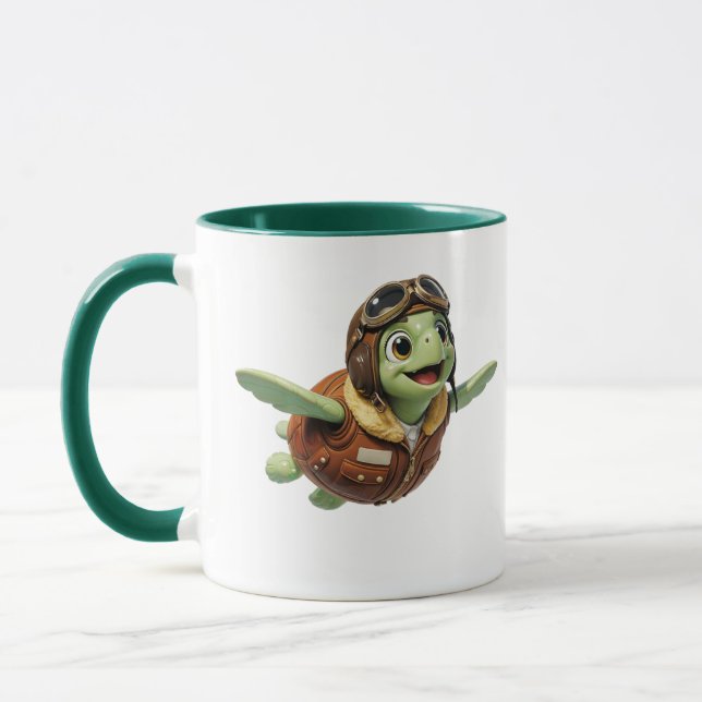 Flying Turtle Cute Aviator Character Green Accent Mug (Left)