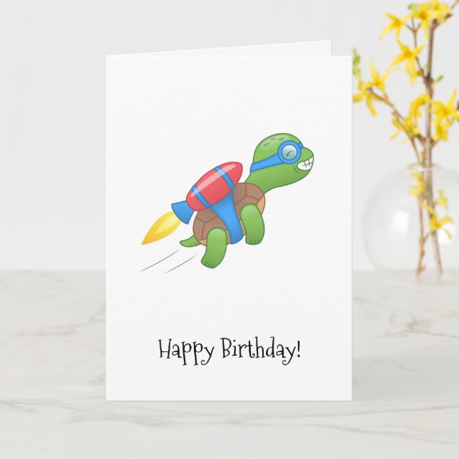 Flying Turtle with a Red Jetpack Birthday Card (Yellow Flower)