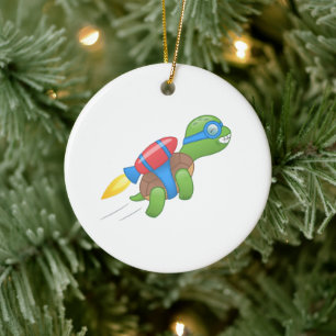 Flying Turtle with a Red Jetpack Ceramic Ornament