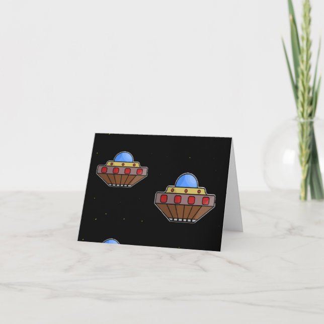 Flying ufo in space black card (Front)