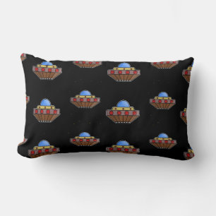 Flying ufo in space black lumbar cushion
