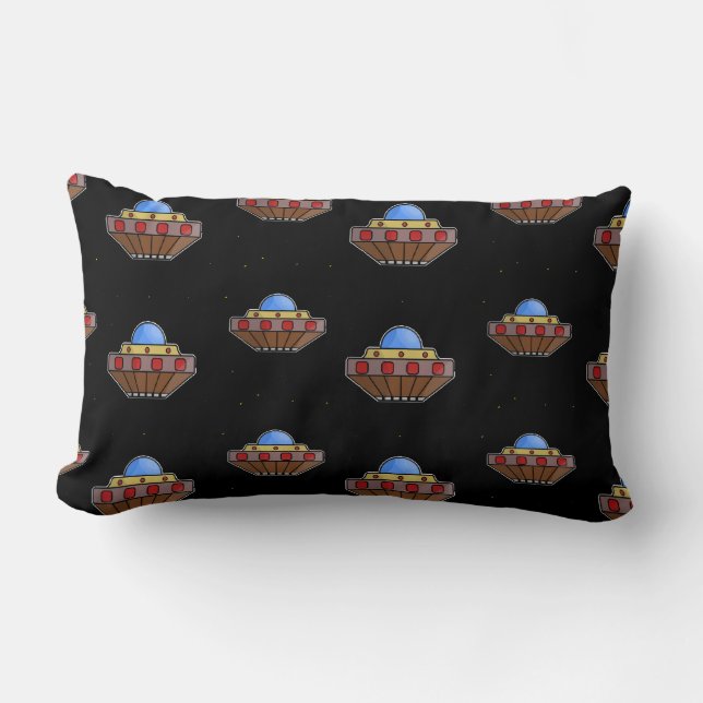 Flying ufo in space black lumbar cushion (Front)