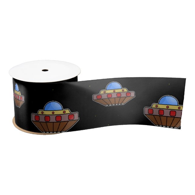 Flying ufo in space black satin ribbon (Spool)