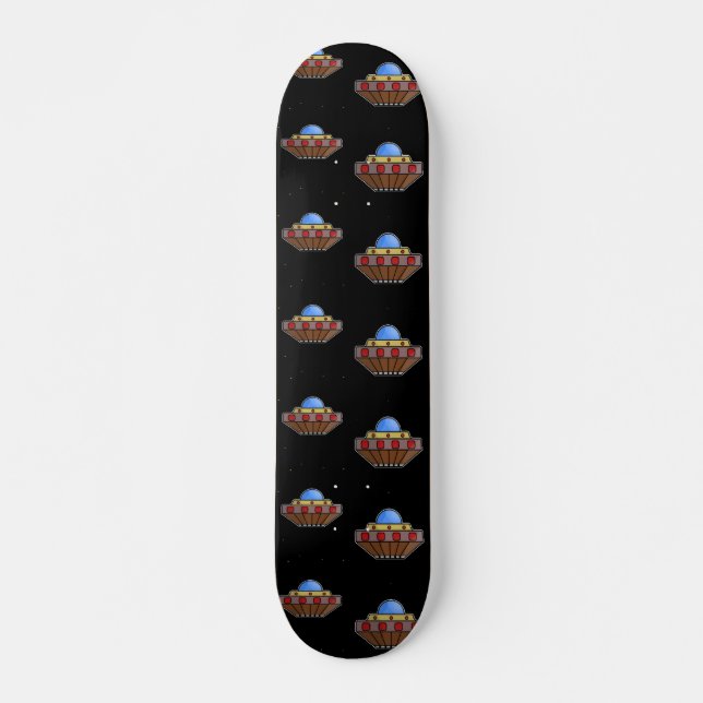 Flying ufo in space black skateboard (Front)