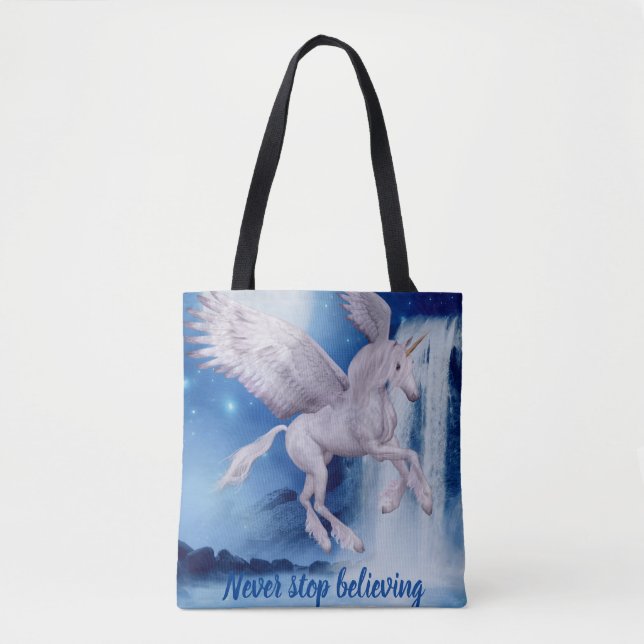 Flying Unicorn Believe Inspirational Tote Bag (Front)