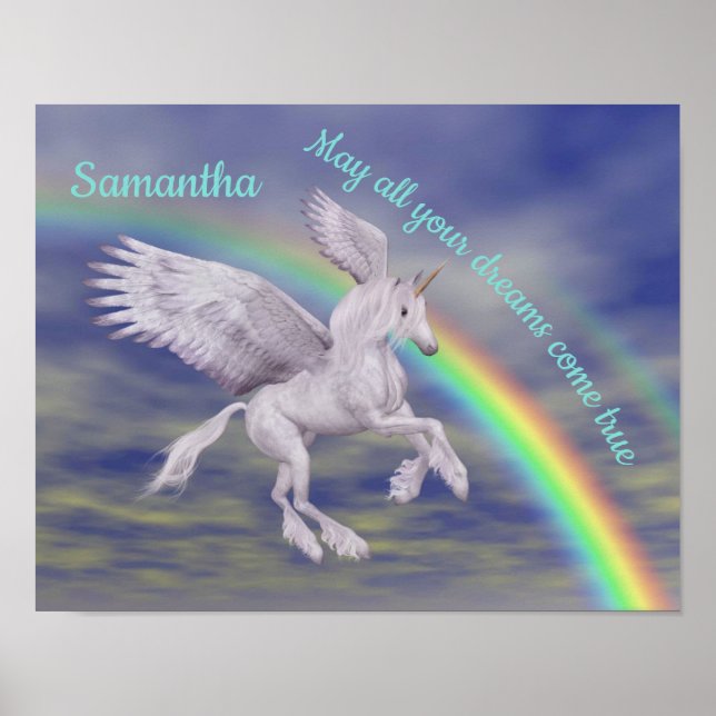 Flying Unicorn Over Rainbow Dreams Personalised Poster (Front)