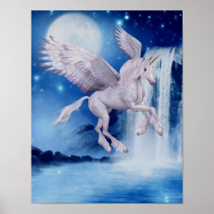 Flying Unicorn Waterfall Fantasy Horse Art Poster