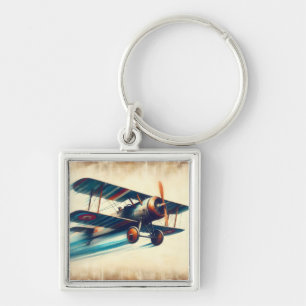 Flying Vintage Classic Biplane Oil Painting Key Ring