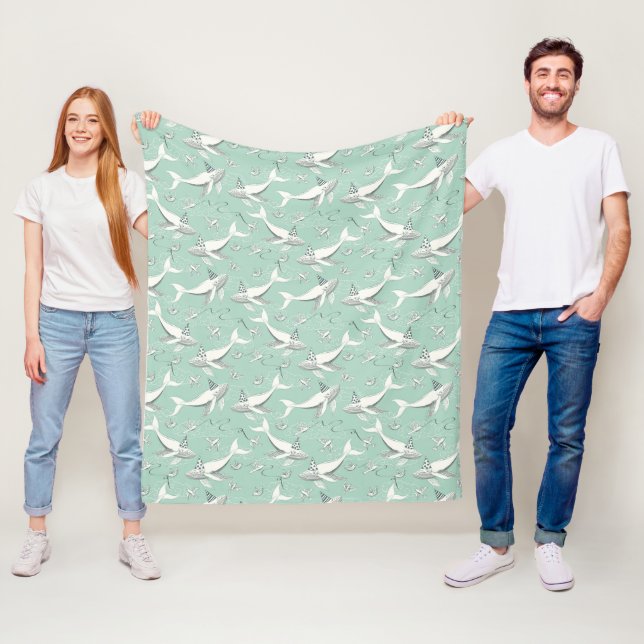 Flying Whale Birthday Party Pattern Fleece Blanket (In Situ)