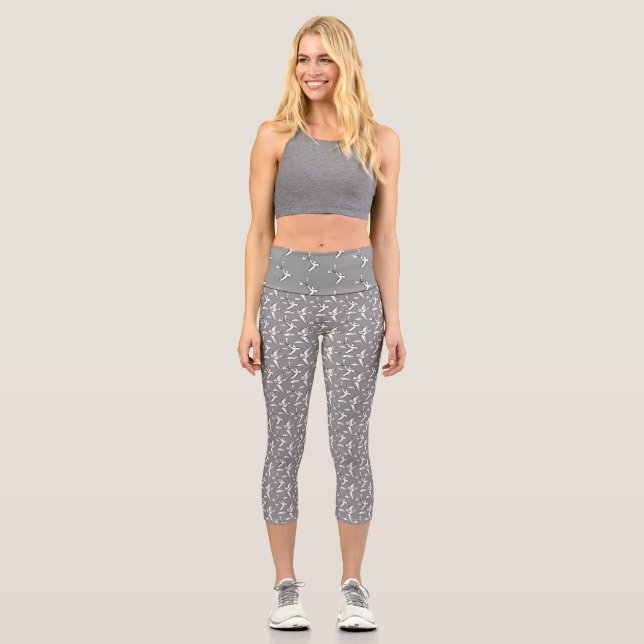 Flying whimsical birds patterned grey capri leggings (Front)