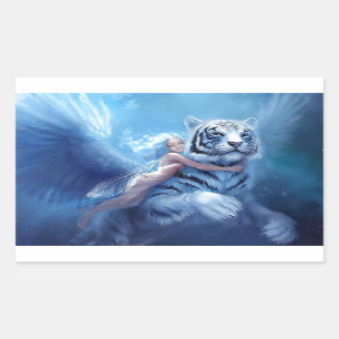 Flying White Tiger With Angel Rectangular Sticker