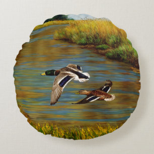 Flying Wild Ducks Charcoal Grey Round Cushion