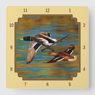 Flying Wild Ducks Yellow Square Wall Clock