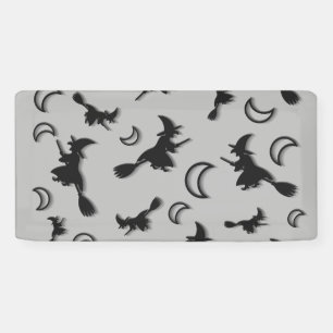 Flying witch among half moon at Halloween night 3D Banner