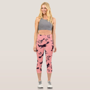 Flying witch among half moon at Halloween night 3D Capri Leggings
