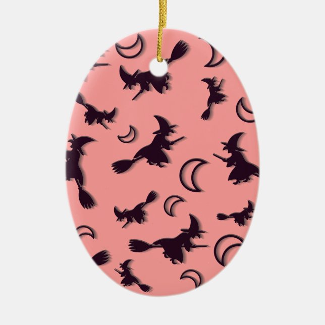 Flying witch among half moon at Halloween night 3D Ceramic Ornament (Front)